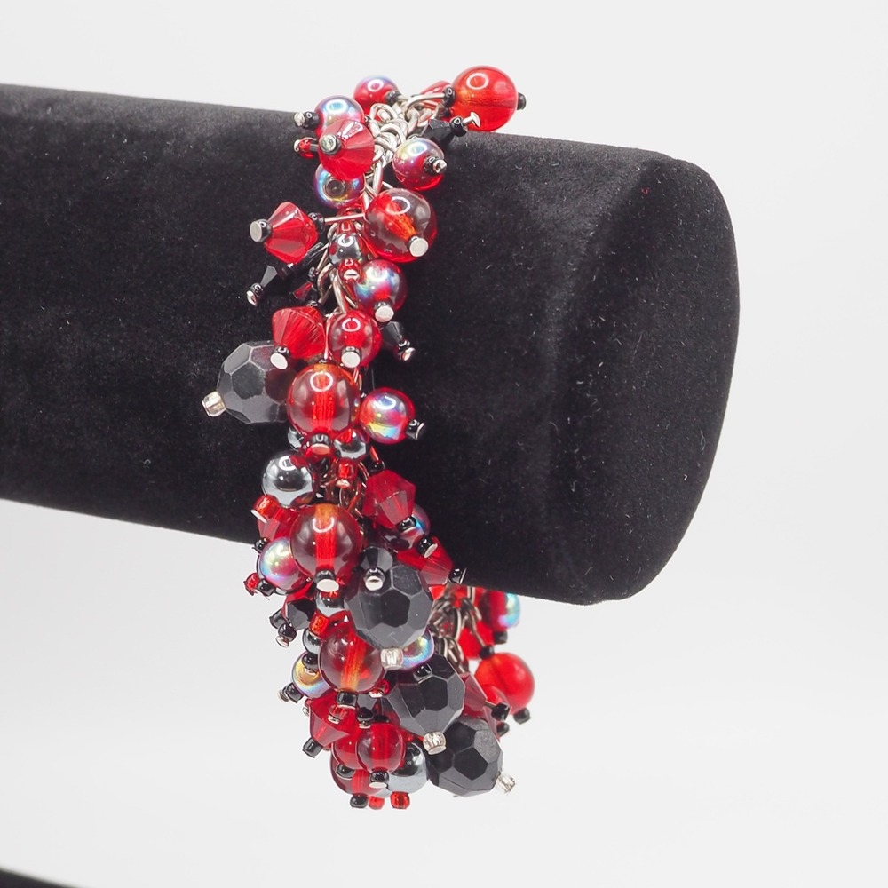 Artisan Fringe Bracelet Red Black Faceted Bead Silver Tone Handmade Gothic Rock